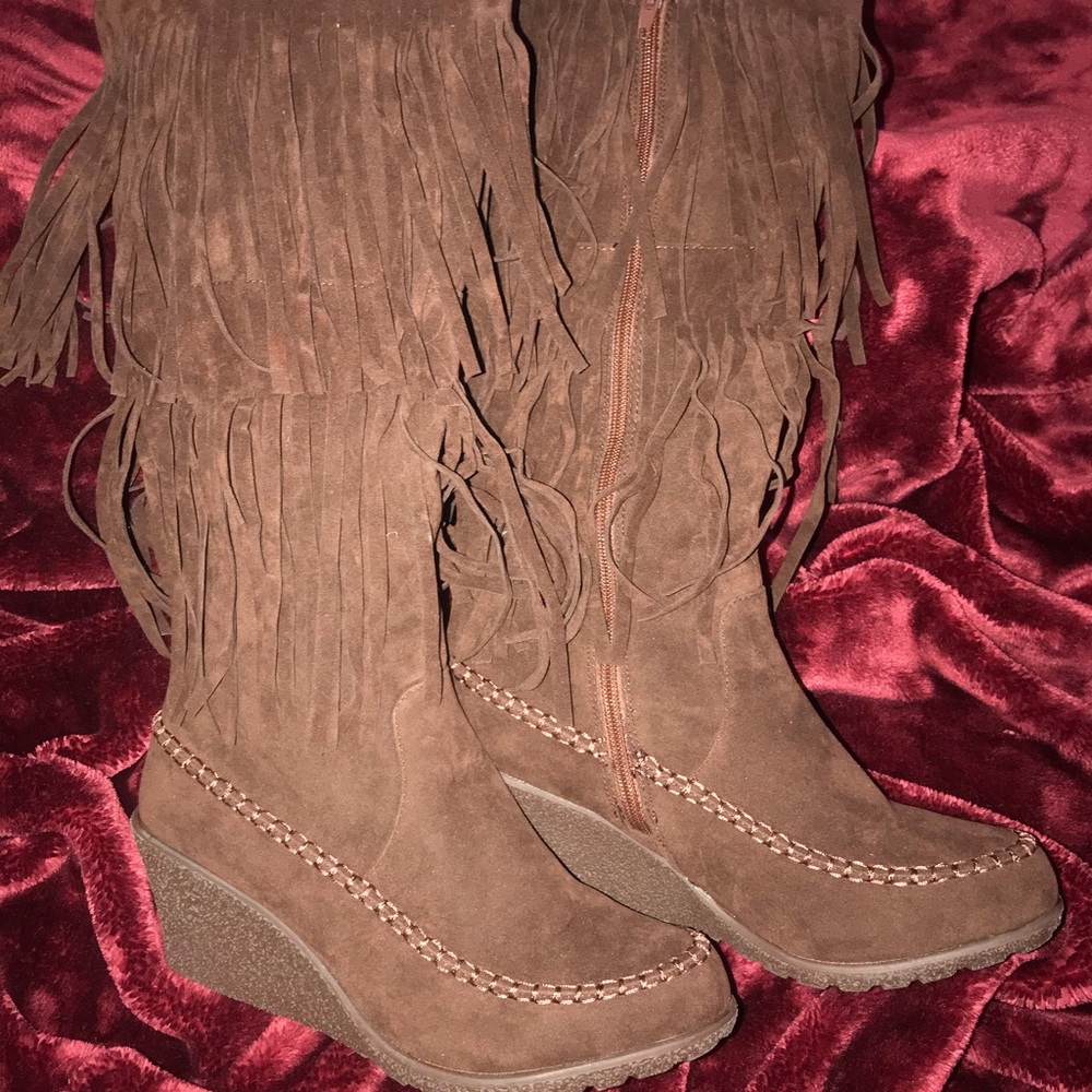 New Suede-like Fringe Knee High Boots